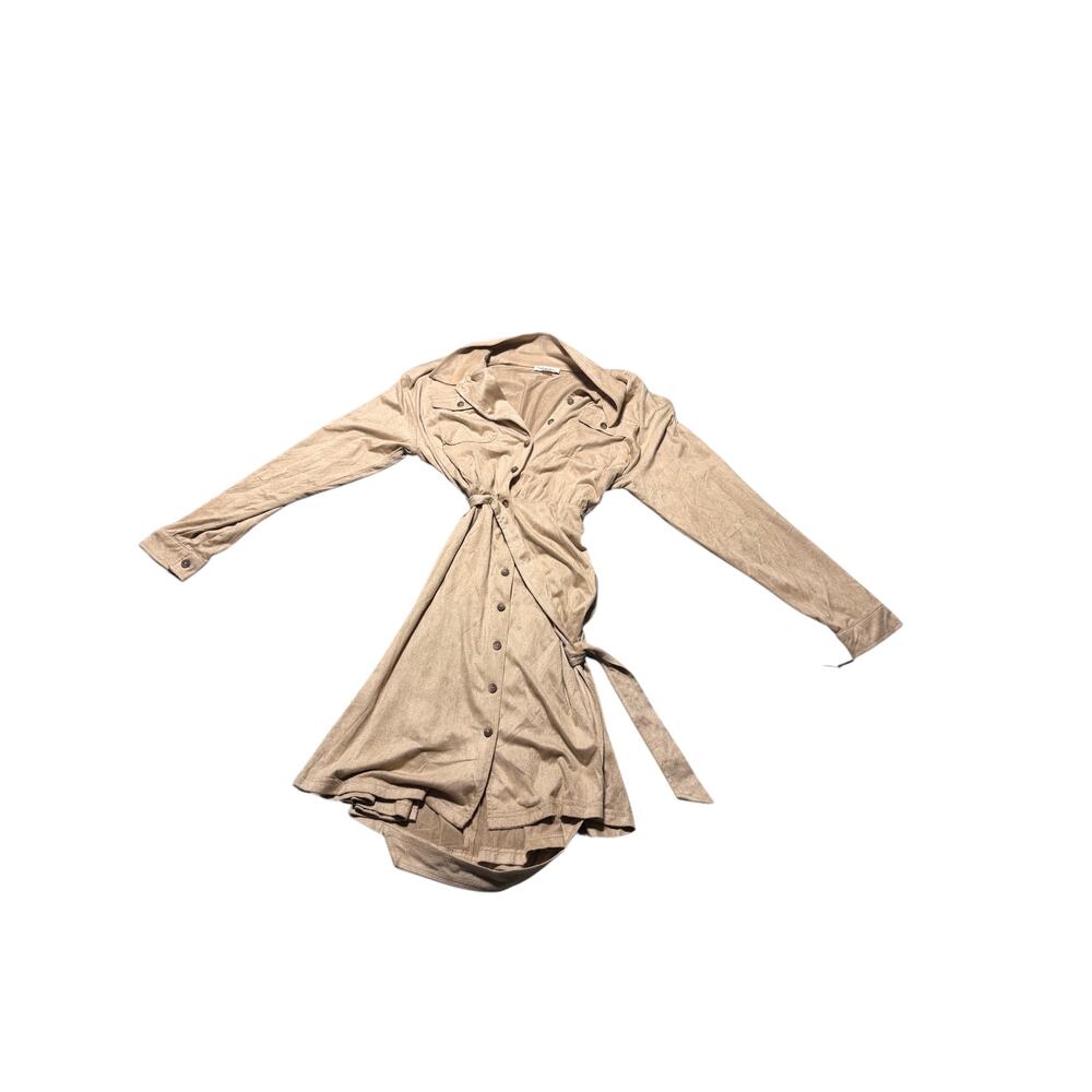 NWT Calvin Klein Shirt Dress Womens 12 Tan Beige Faux Suede Button Front Belted - Picture 2 of 7